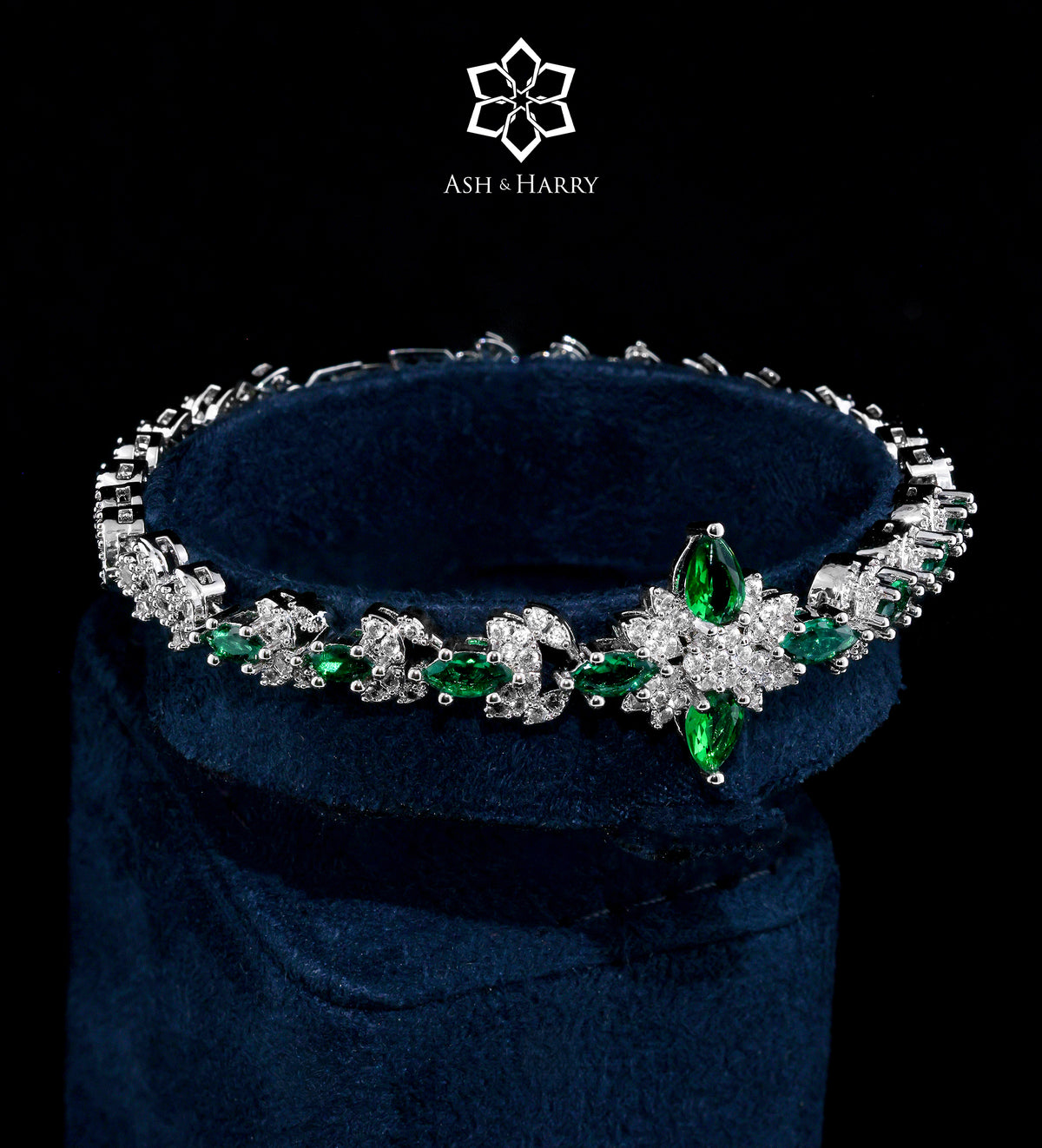 Layla Emerald Green Luxury Bridal Full Set in High Quality Simulated Diamonds Rhodium Plated - Ash & Harry