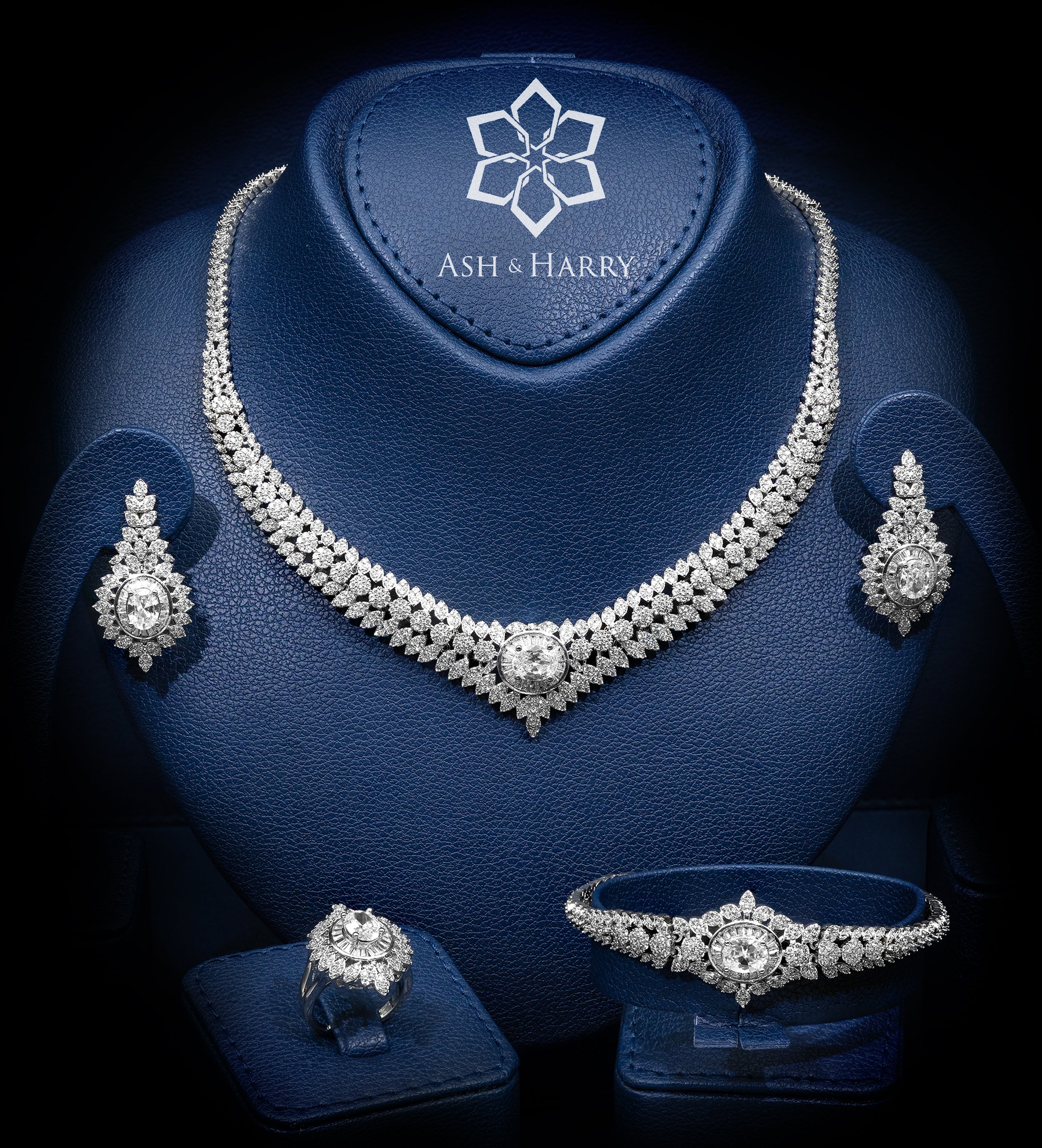 Lujain Signature White Bridal Full Set with High - Quality Simulated Diamonds in Rhodium Plated Finish - Ash & Harry