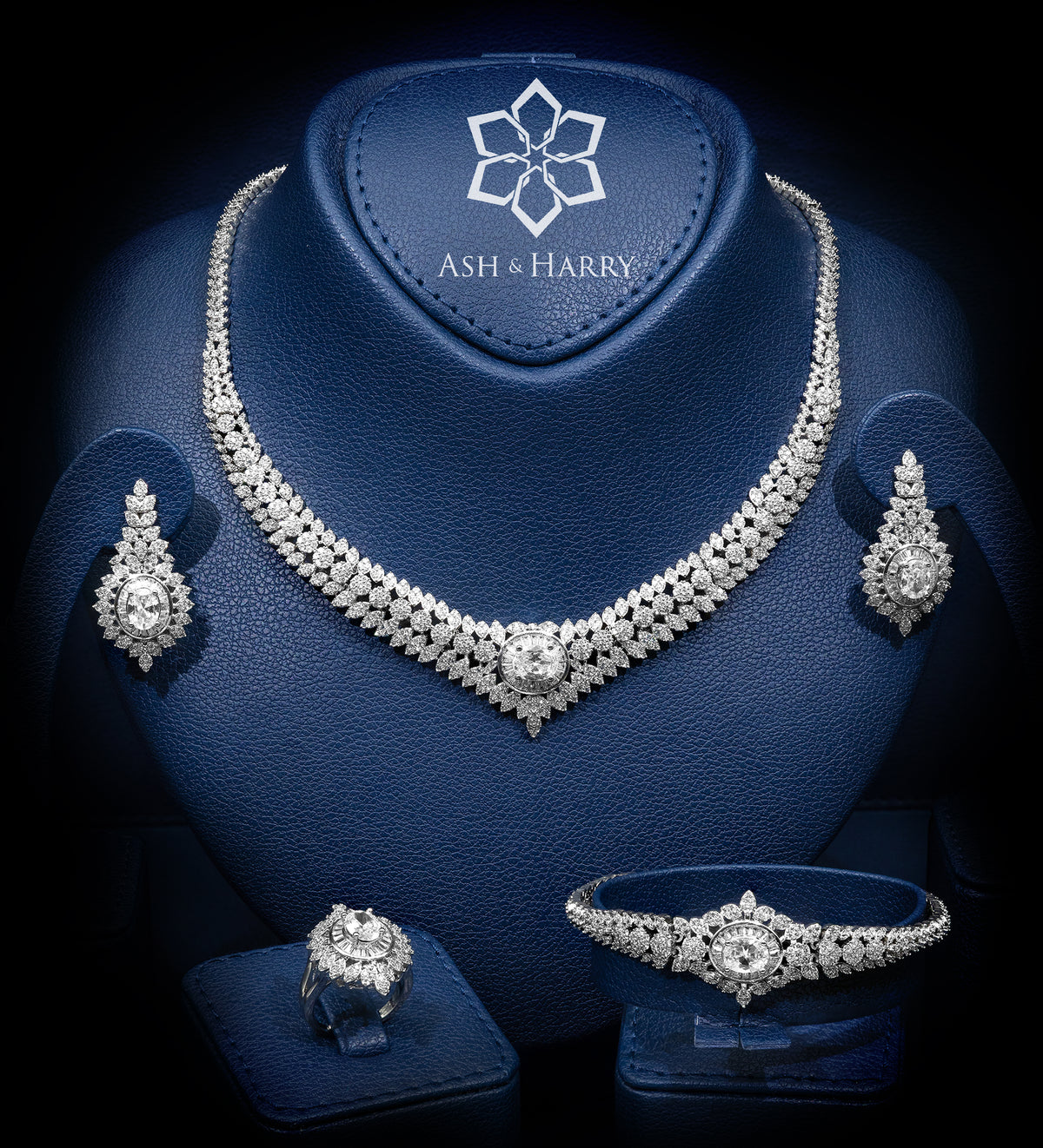 Lujain Signature White Bridal Full Set with High - Quality Simulated Diamonds in Rhodium Plated Finish - Ash & Harry