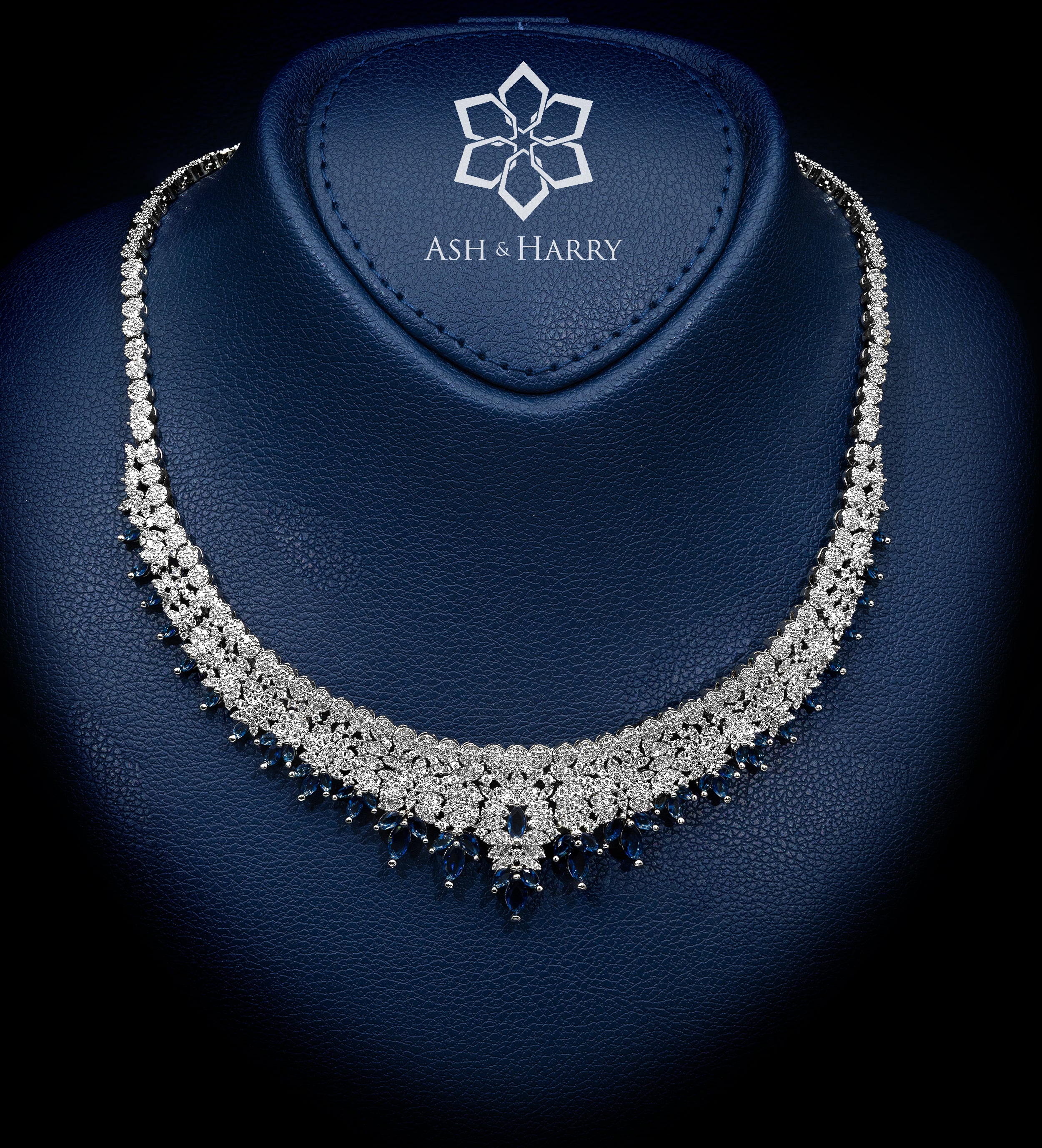 Mahra Royal Blue and White Bridal Full Set with Hand - Set Simulated Sapphires and Diamonds in Rhodium Plated Finish - Ash & Harry