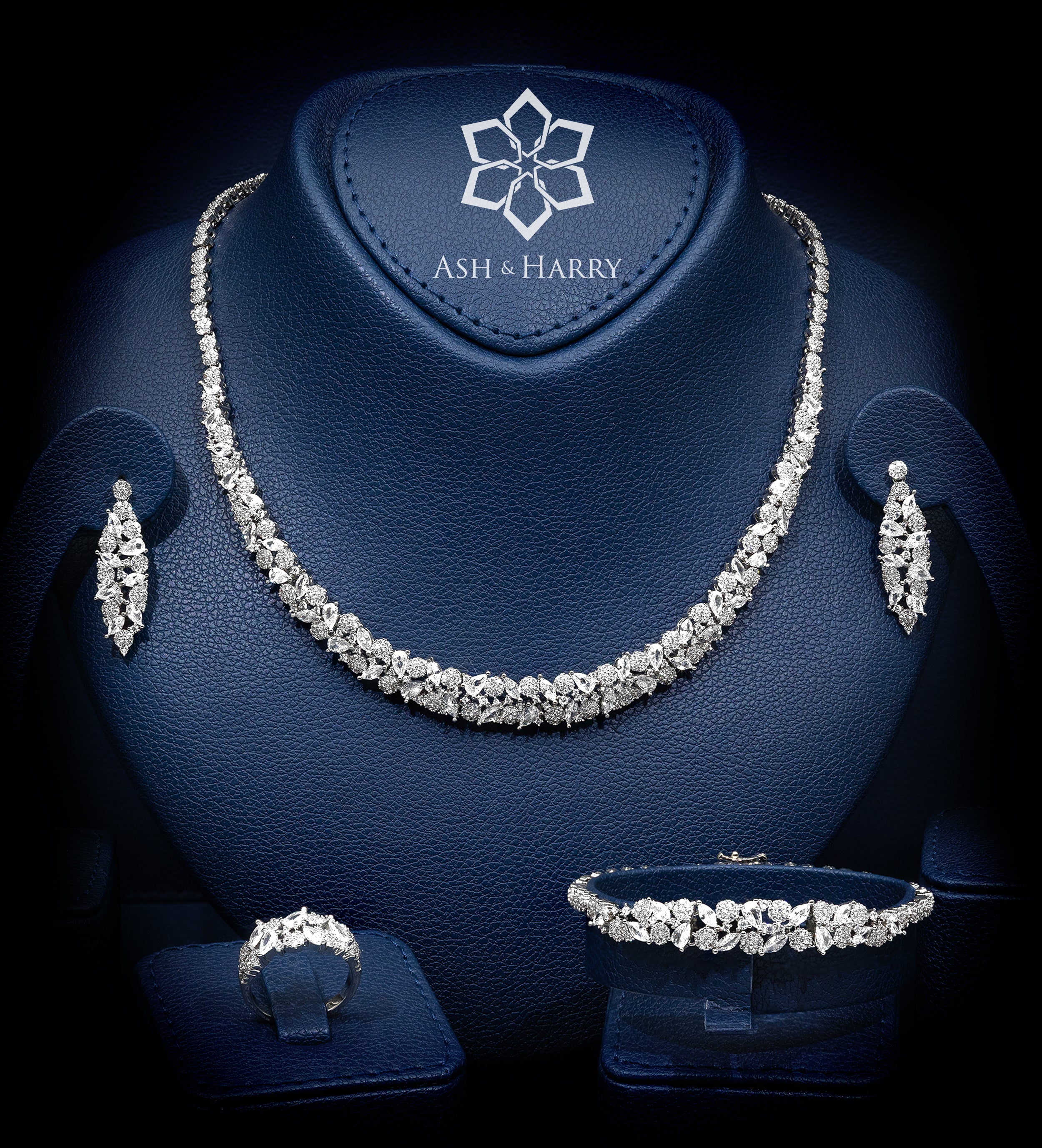 Tuscany Royal White Bridal Full Set with Hand - Set Simulated Diamonds, Rhodium Plated - Ash & Harry