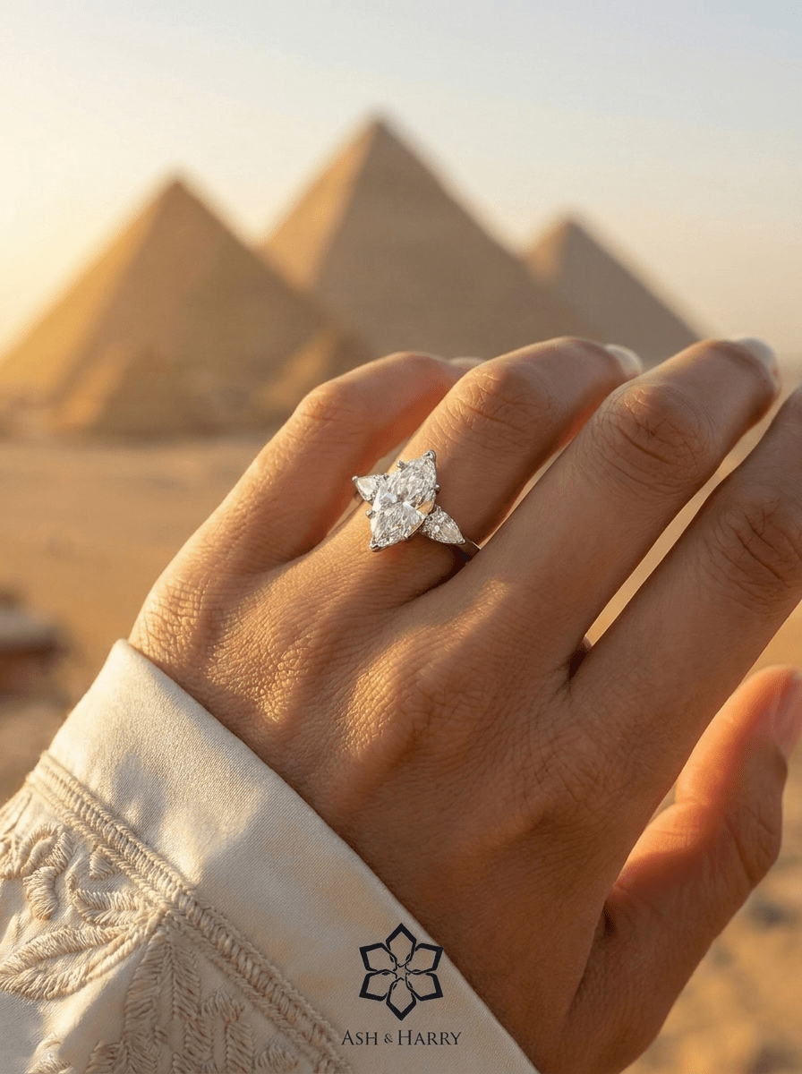 Marquise Trilogy Ring in 925 Silver with High - Quality White Simulated Diamonds - Ash & Harry