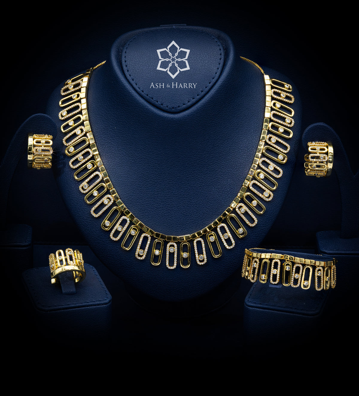 Nefra Gilded Collar Set in High Quality Simulated Diamonds Rhodium Plated - Ash & Harry