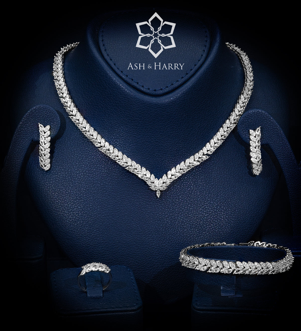 Nour Modern White Luxury Bridal Full Set with Brilliant - Cut Simulated Diamonds, Rhodium Plated - Ash & Harry