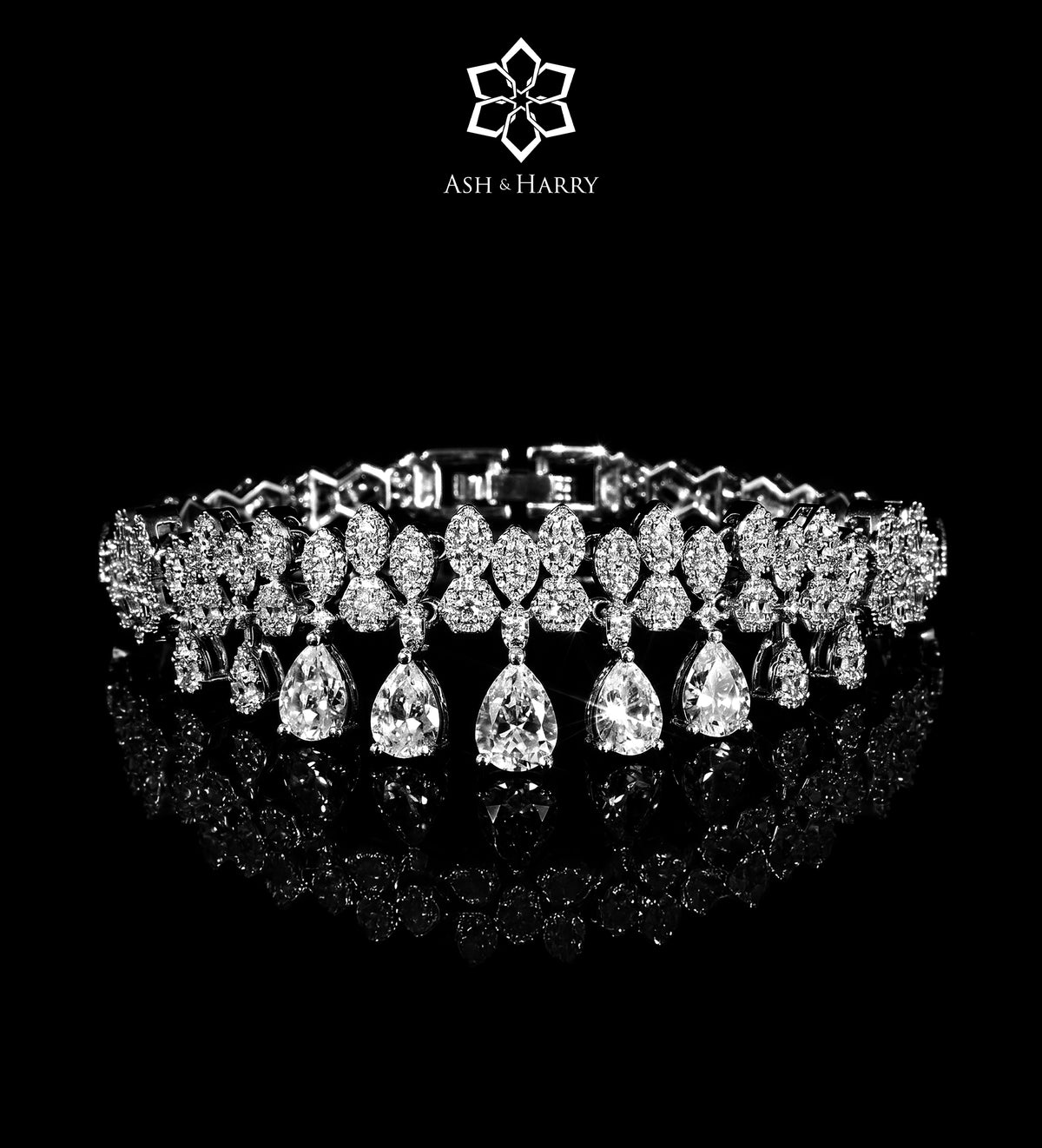 Portofino White Bridal Full Set with Graduated Cluster Centerpiece in Brilliant - Cut Simulated Diamonds, Rhodium Plated - Ash & Harry