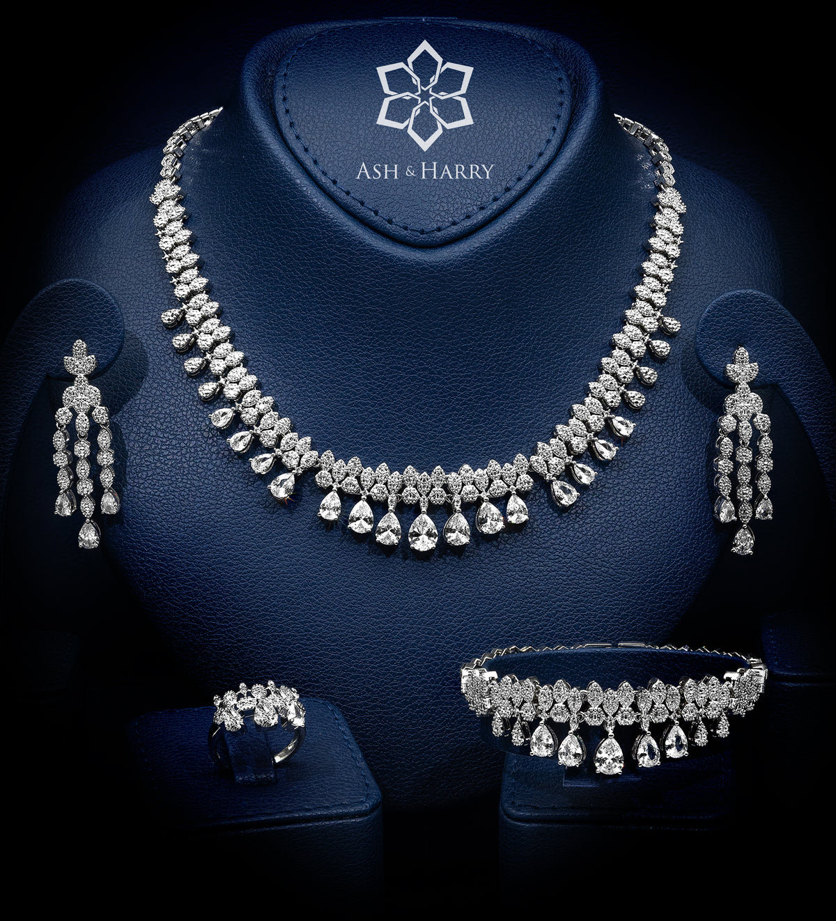 Portofino White Bridal Full Set with Graduated Cluster Centerpiece in Brilliant - Cut Simulated Diamonds, Rhodium Plated - Ash & Harry