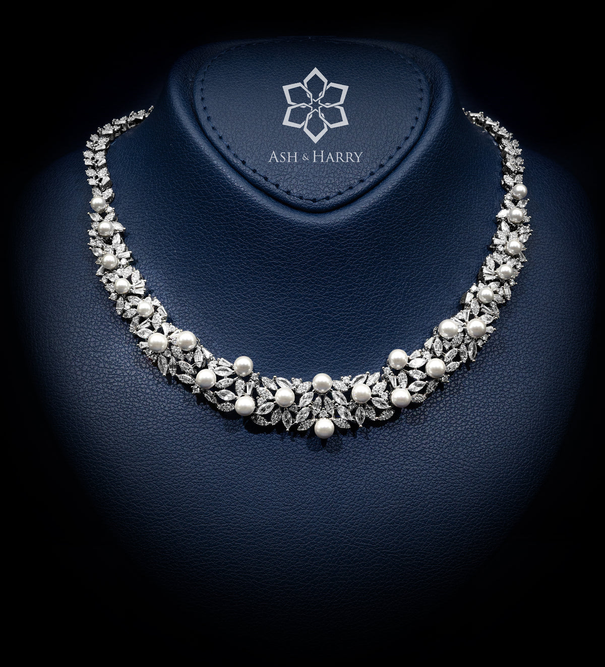Reem Pearl Luxury Bridal Full Set in High Quality Simulated Diamonds Rhodium Plated - Ash & Harry