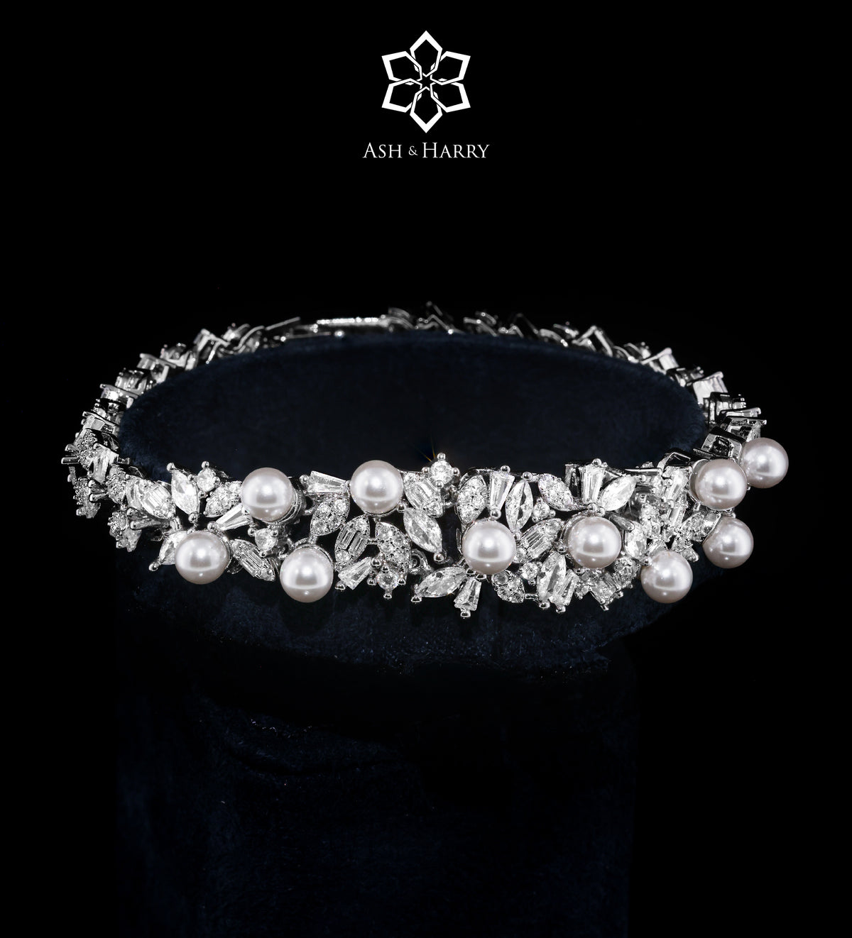 Reem Pearl Luxury Bridal Full Set in High Quality Simulated Diamonds Rhodium Plated - Ash & Harry