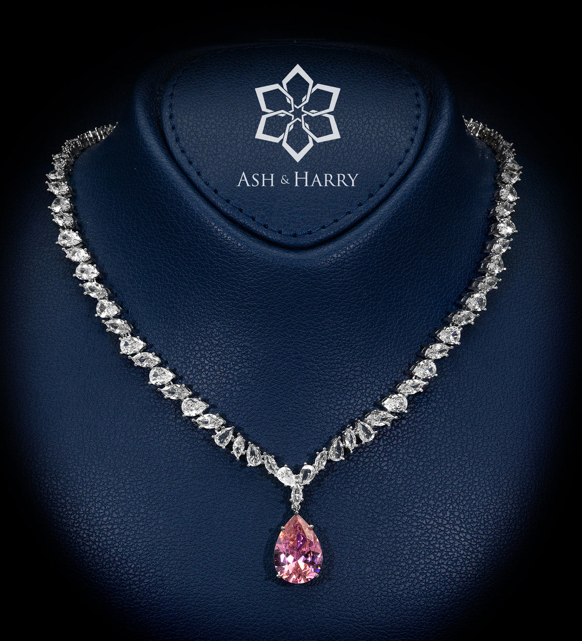 Riviera Signature Pink Pear - Drop Solitaire Bridal Set with Premium Simulated Diamonds in Mirror - Polished Rhodium - Ash & Harry