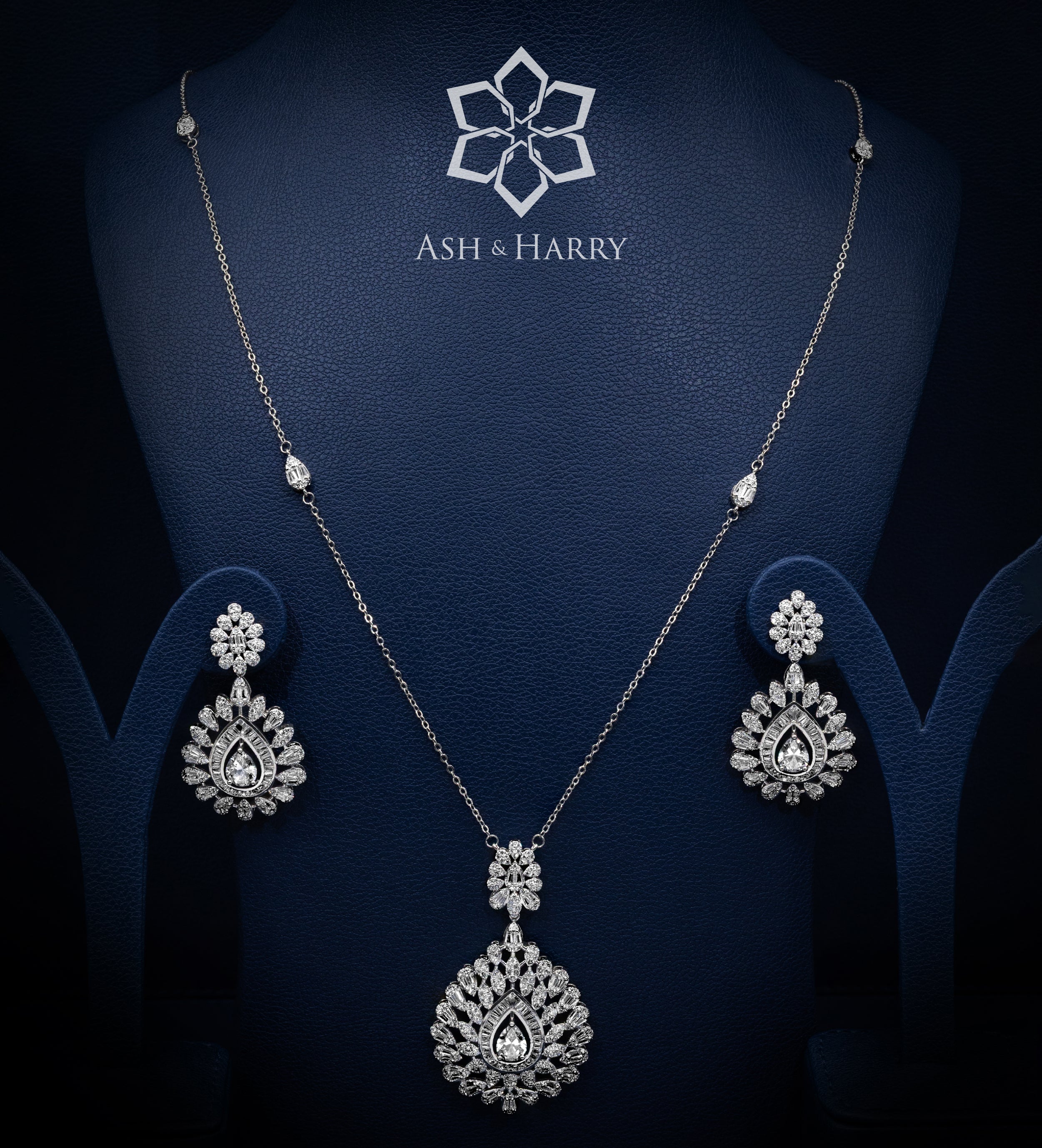 Royale Teardrop Long Chain Set in High Quality Simulated Diamonds Rhodium Plated - Ash & Harry