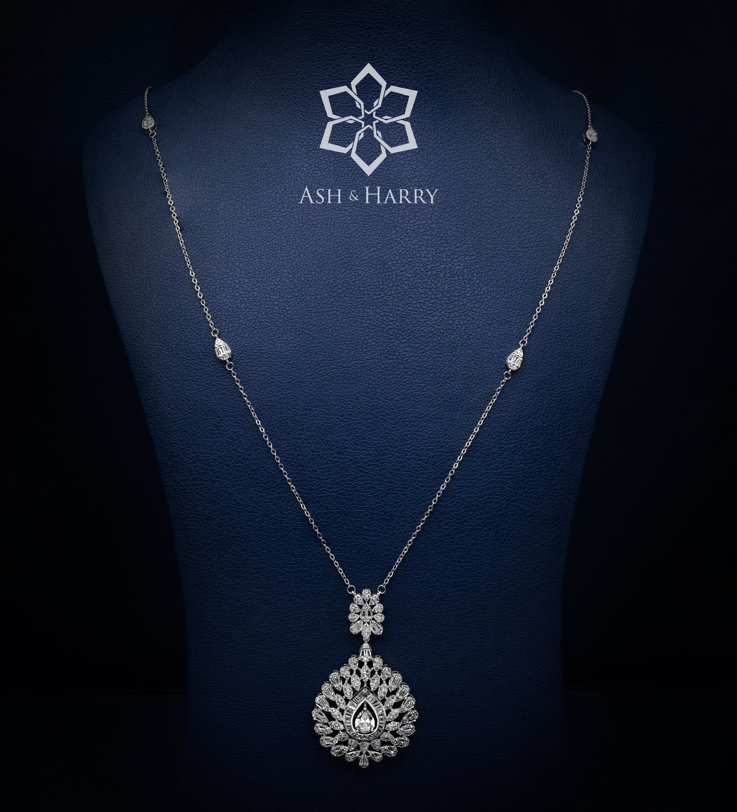 Royale Teardrop Long Chain Set in High Quality Simulated Diamonds Rhodium Plated - Ash & Harry