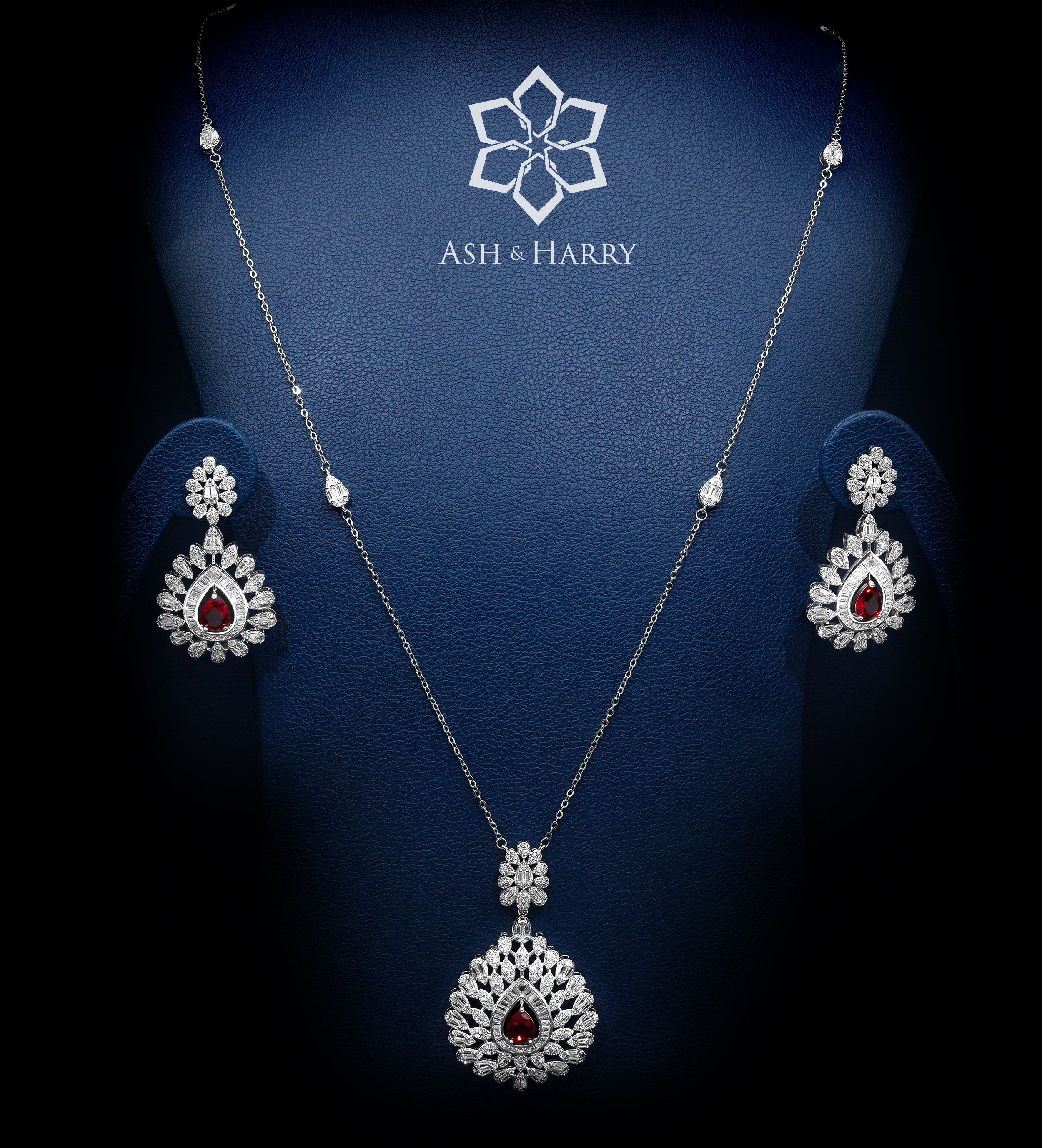 Shahnaz Mughal - Inspired Long Chain Ruby Pendant Set with Brilliant - Cut Simulated Diamonds, Rhodium Plated - Ash & Harry