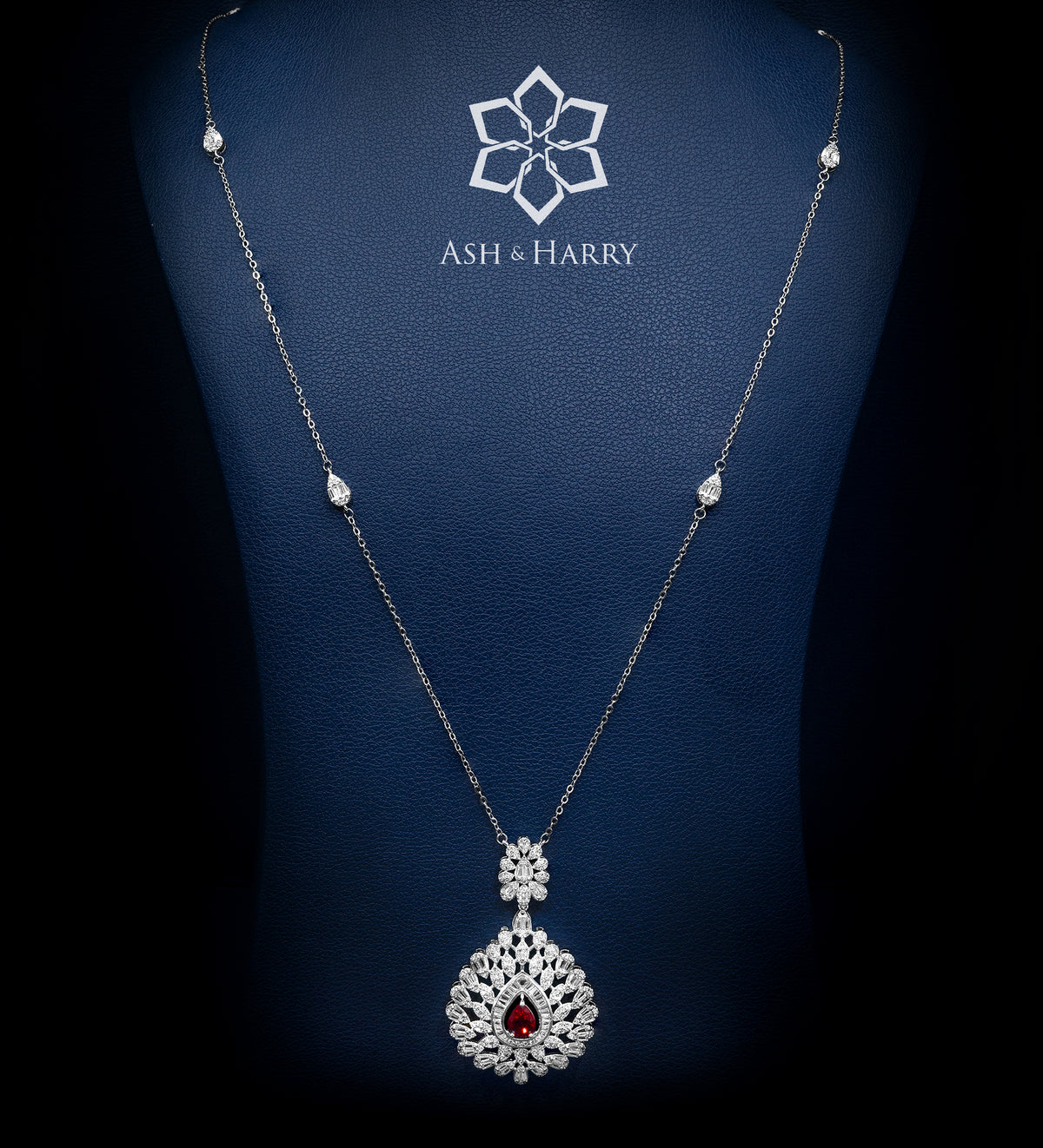 Shahnaz Mughal - Inspired Long Chain Ruby Pendant Set with Brilliant - Cut Simulated Diamonds, Rhodium Plated - Ash & Harry