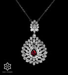 Shahnaz Mughal - Inspired Long Chain Ruby Pendant Set with Brilliant - Cut Simulated Diamonds, Rhodium Plated - Ash & Harry