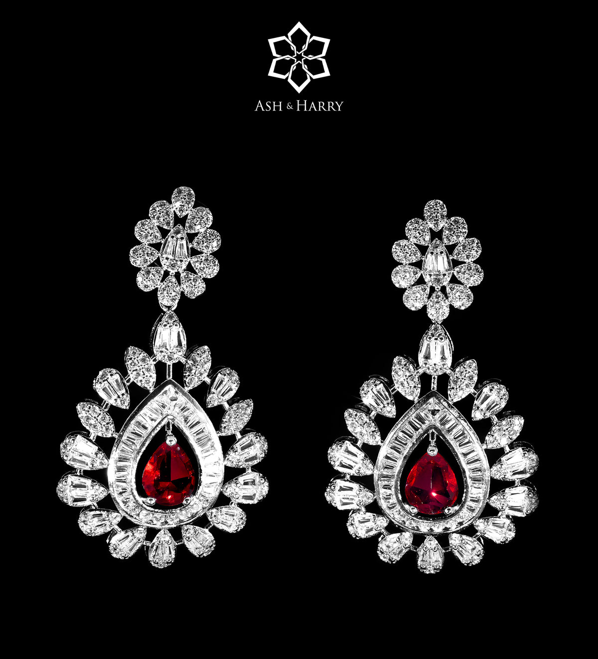 Shahnaz Mughal - Inspired Long Chain Ruby Pendant Set with Brilliant - Cut Simulated Diamonds, Rhodium Plated - Ash & Harry