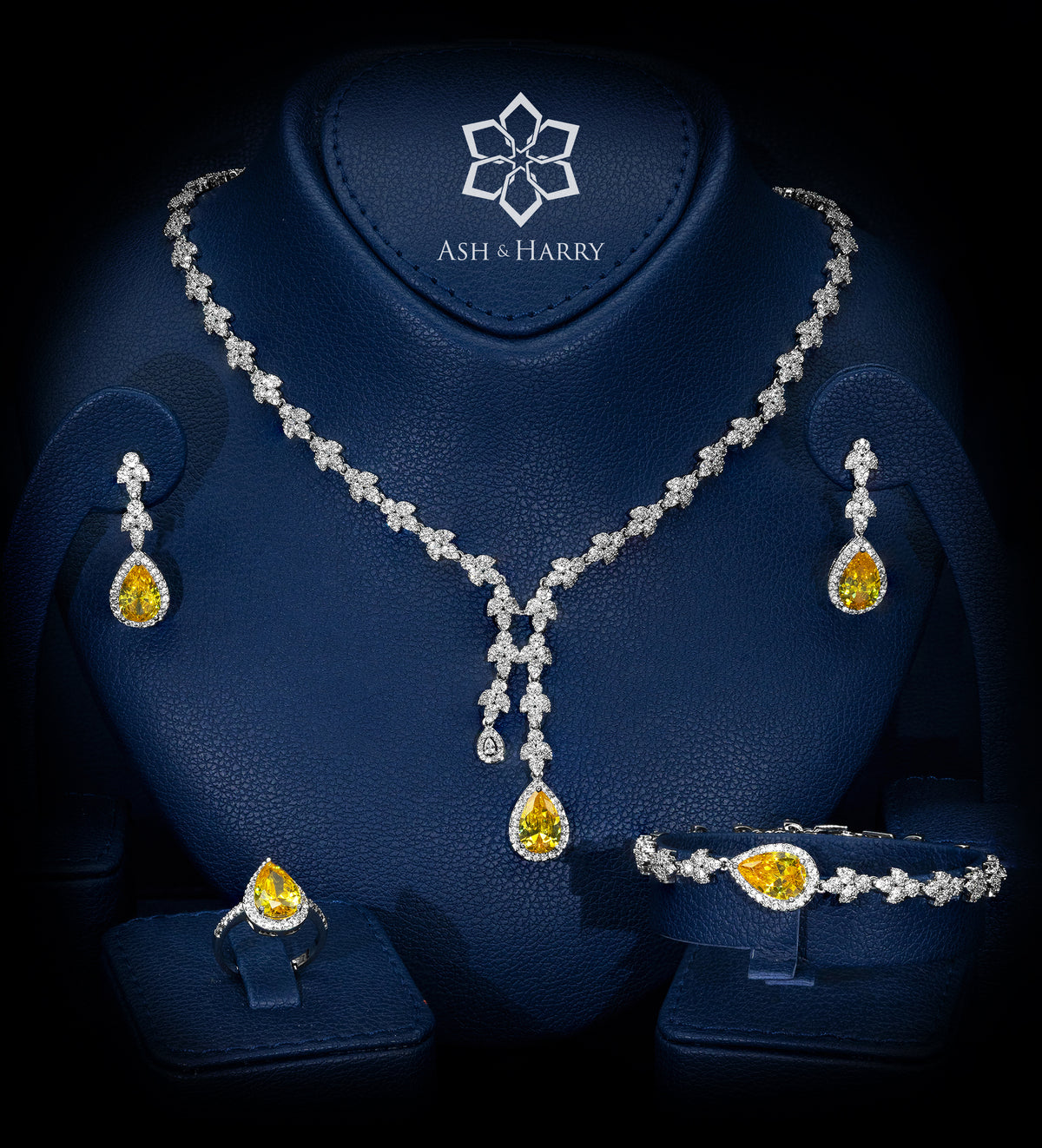 Shams Royal Yellow Bridal Full Set with Canary Yellow Simulated Diamond Centerpiece and White Simulated Diamonds, Rhodium Plated - Ash & Harry