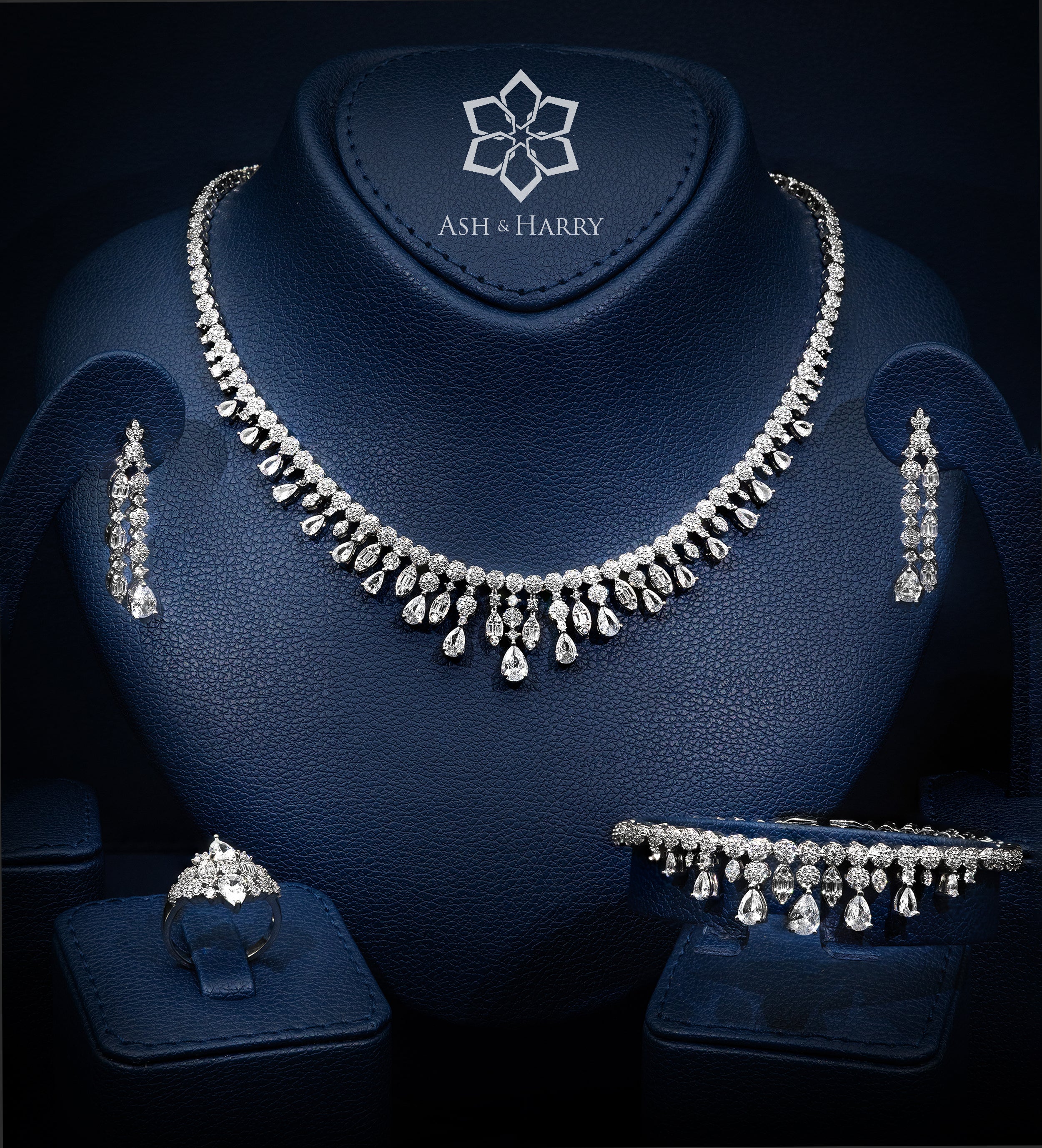 Shirin Pure White Luxury Bridal Full Set in High Quality Simulated Diamonds Rhodium Plated - Ash & Harry