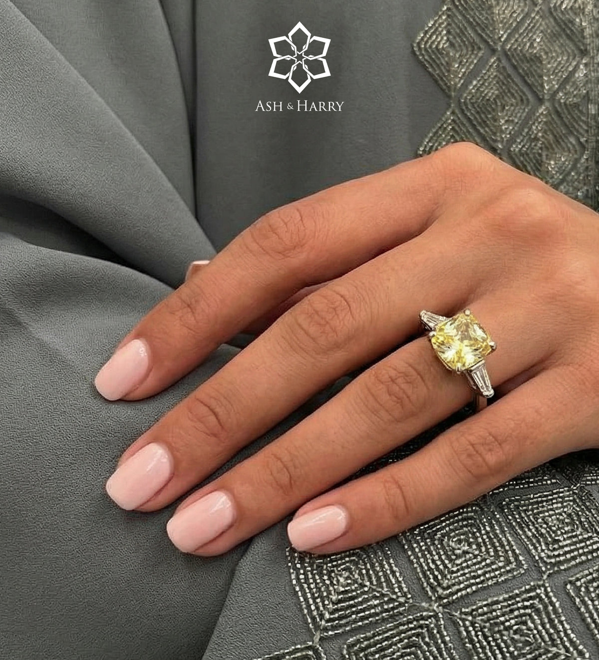 Solara Cushion Ring in 925 Silver with High Quality Simulated White and Canary Diamonds - Ash & Harry
