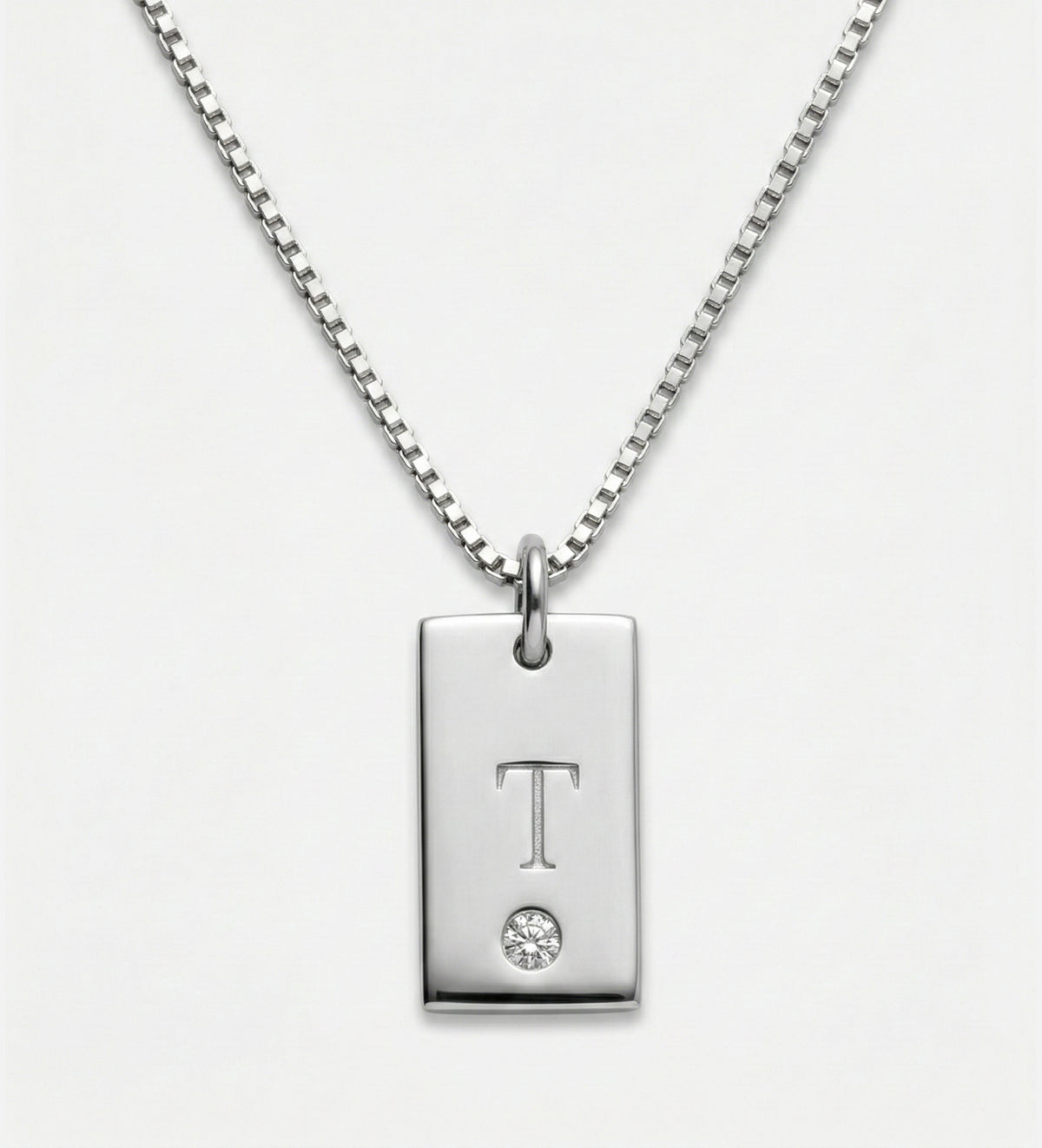 Tag Initial Necklace With Lab Diamond in Rhodium Plating on 925 Silver - Ash & Harry