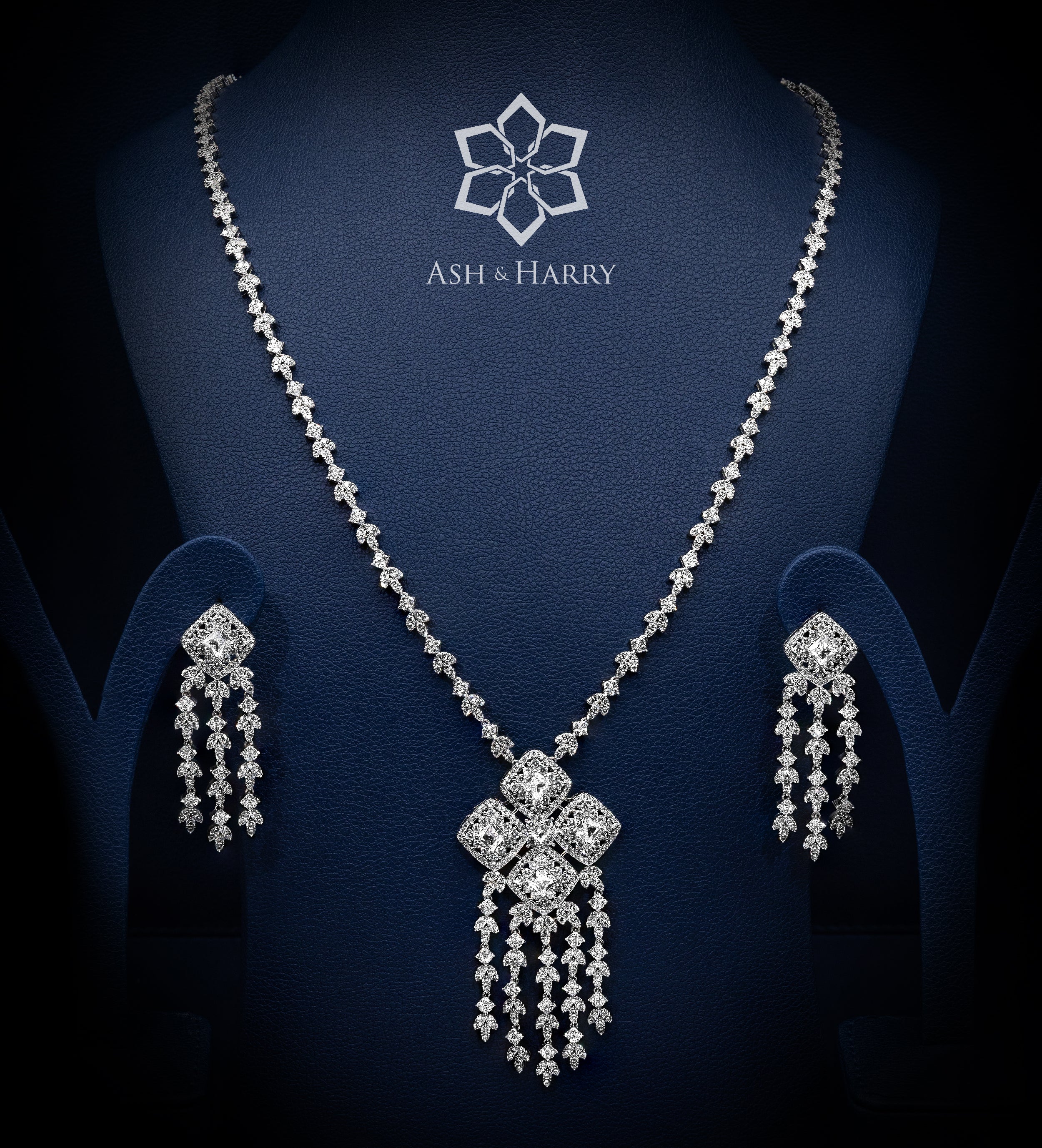 Tassel Line Long Chain Set in High Quality Simulated Diamonds Rhodium Plated - Ash & Harry