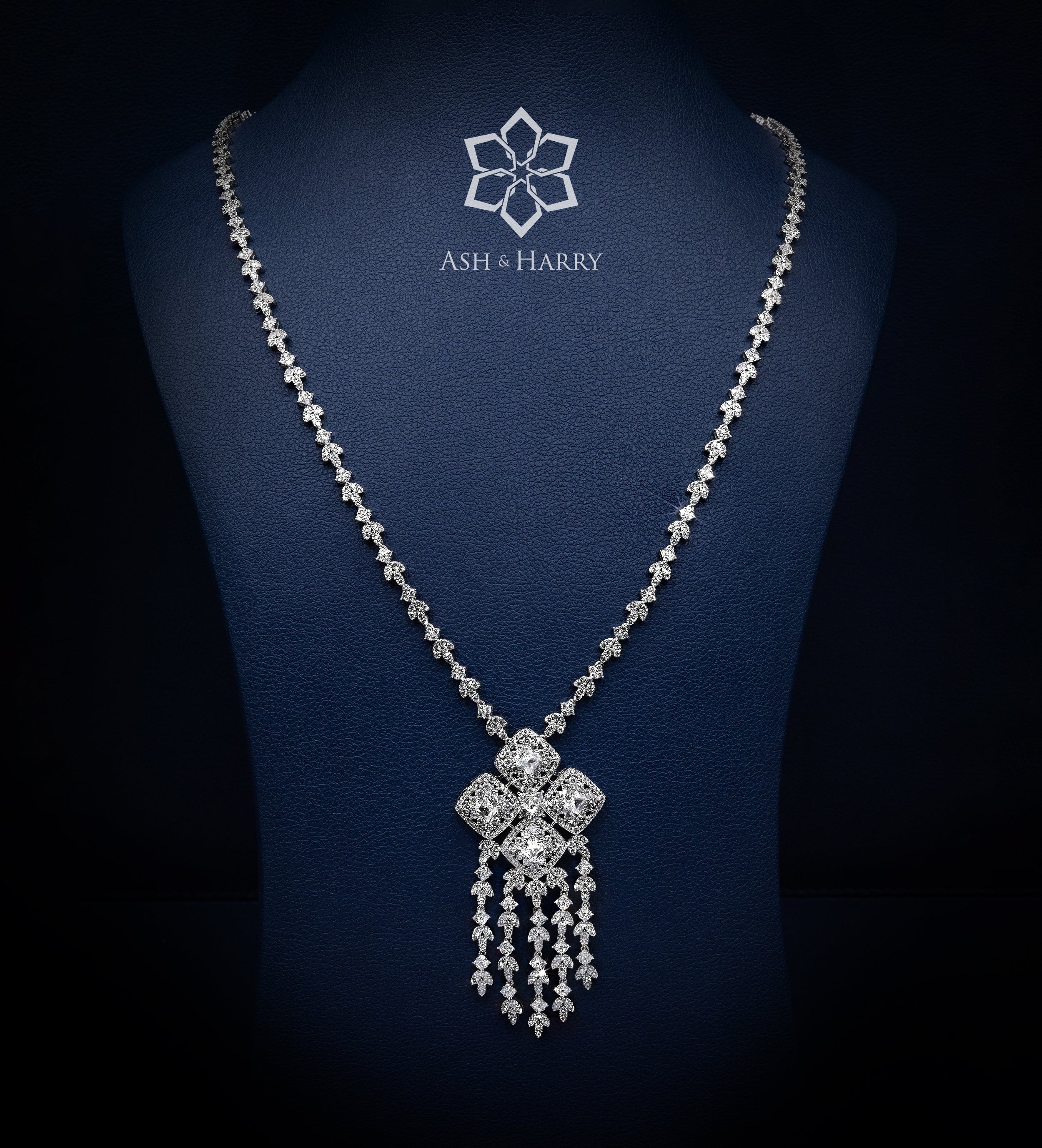 Tassel Line Long Chain Set in High Quality Simulated Diamonds Rhodium Plated - Ash & Harry