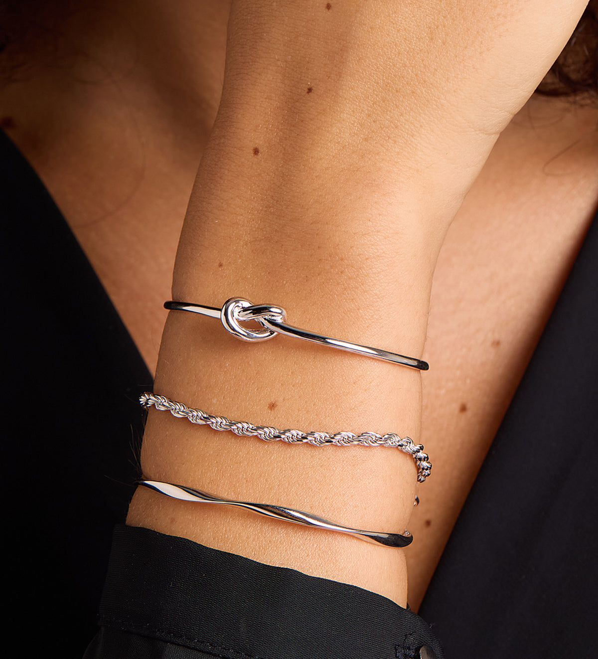 Ripple Wave Cuff Bracelet in Rhodium Plating on 925 Silver - Ash & Harry