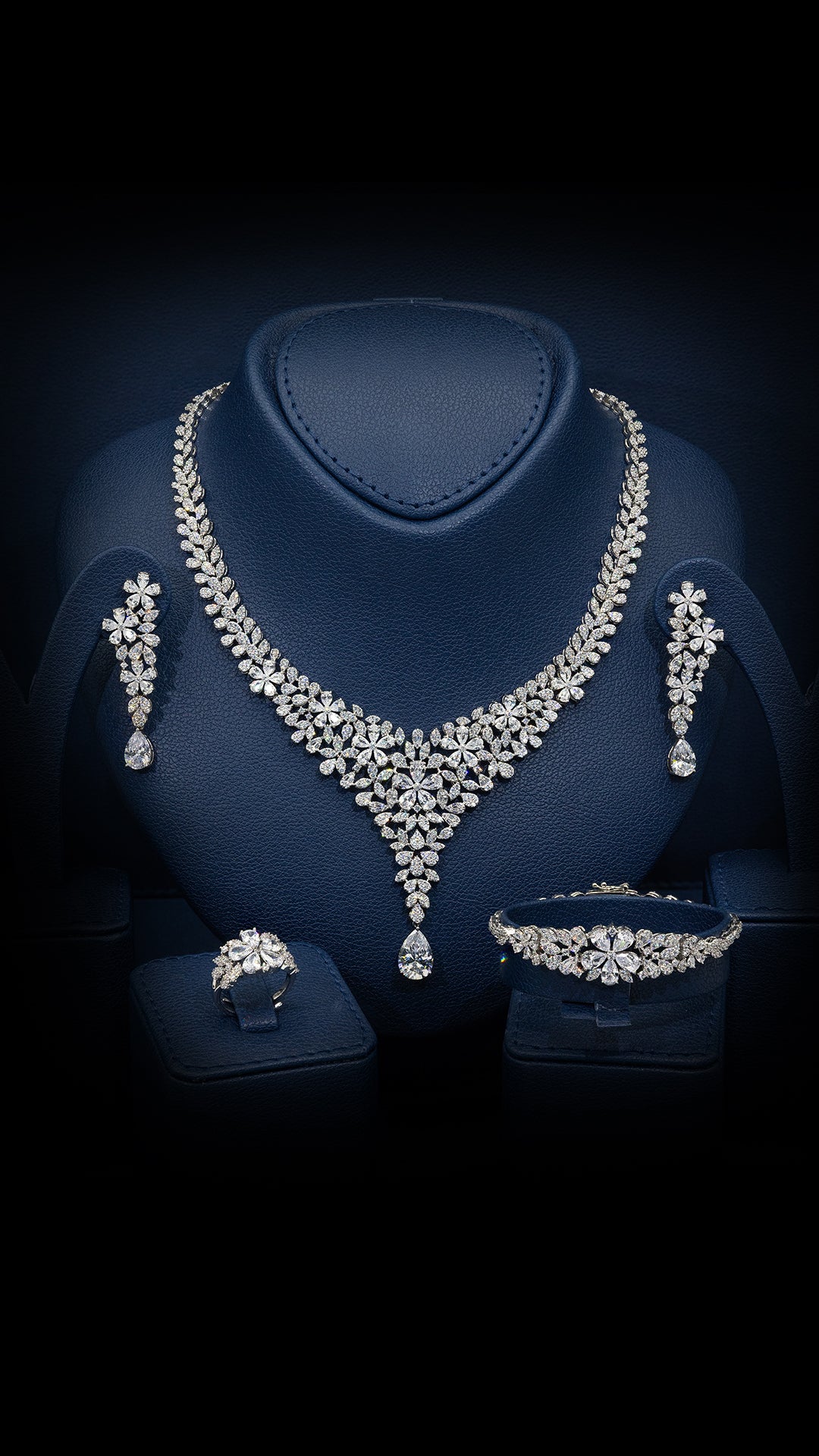 Wardah Royal White Bridal Full Set with Floral Cluster in Hand - Set Simulated Diamonds, Rhodium Plated - Ash & Harry