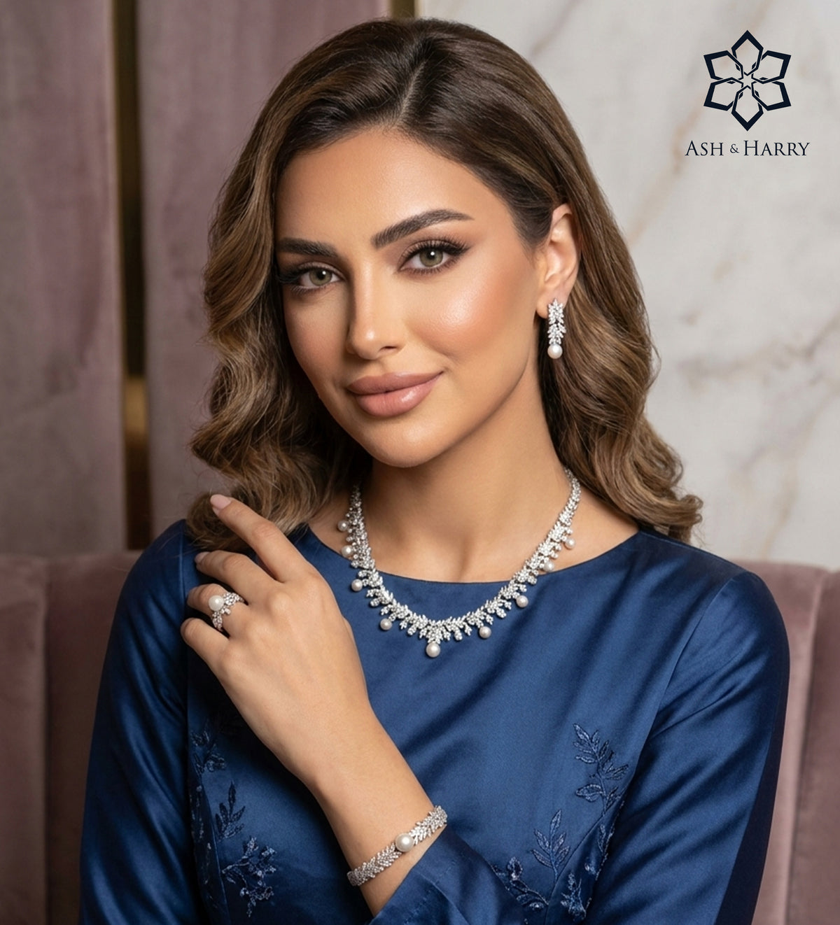 Yasmin Pure White Pearl Luxury Bridal Full Set in High Quality Simulated Diamonds Rhodium Plated - Ash & Harry