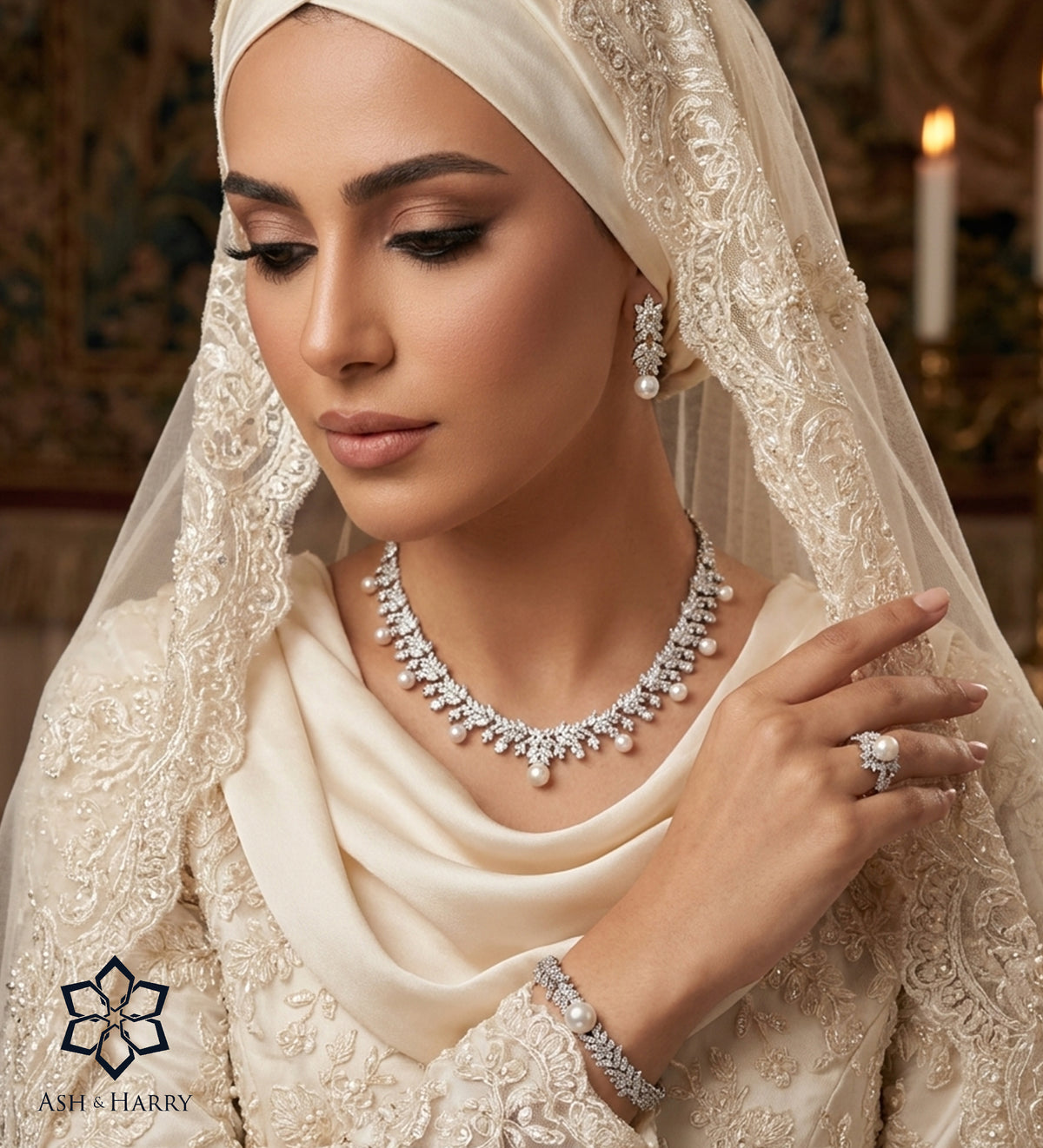 Yasmin Pure White Pearl Luxury Bridal Full Set in High Quality Simulated Diamonds Rhodium Plated - Ash & Harry