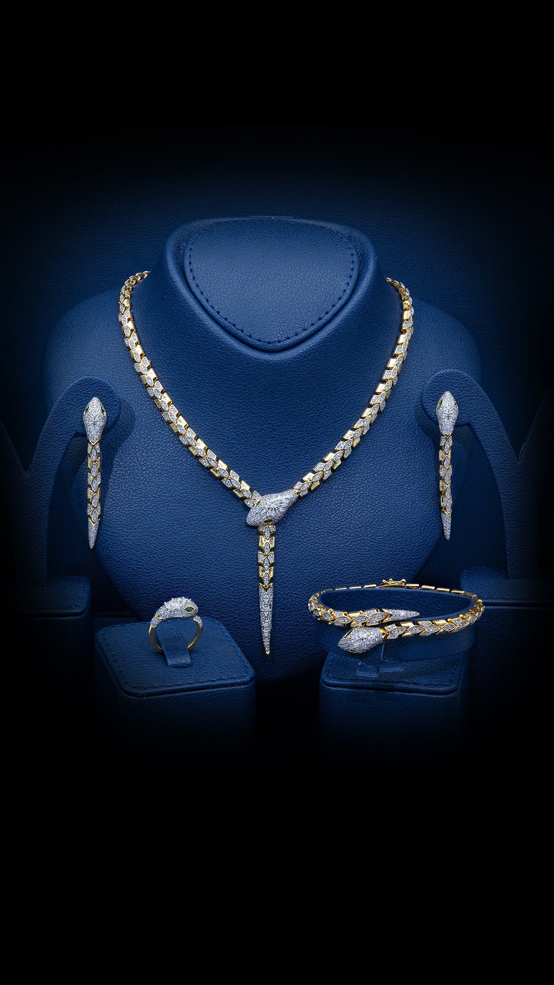 Cleopatra Gold Serpent - Form Bridal Set with Hand - Set Simulated Diamonds Emerald in 18K Gold Plating - Ash & Harry