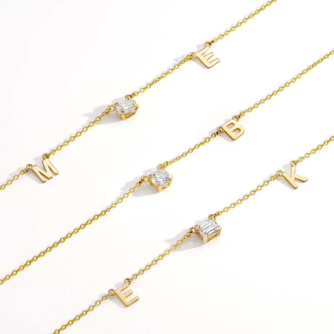 Initial Necklace With 0.3ct Emerald Cut Diamond - 18K Rose Gold Vermeil